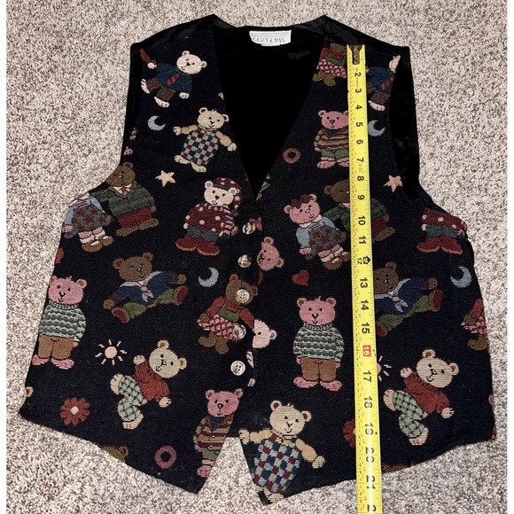 Vintage 90s Casey & Max Teddy Bear‎ Tapestry Vest Women's Black Button Front - Picture 2 of 6